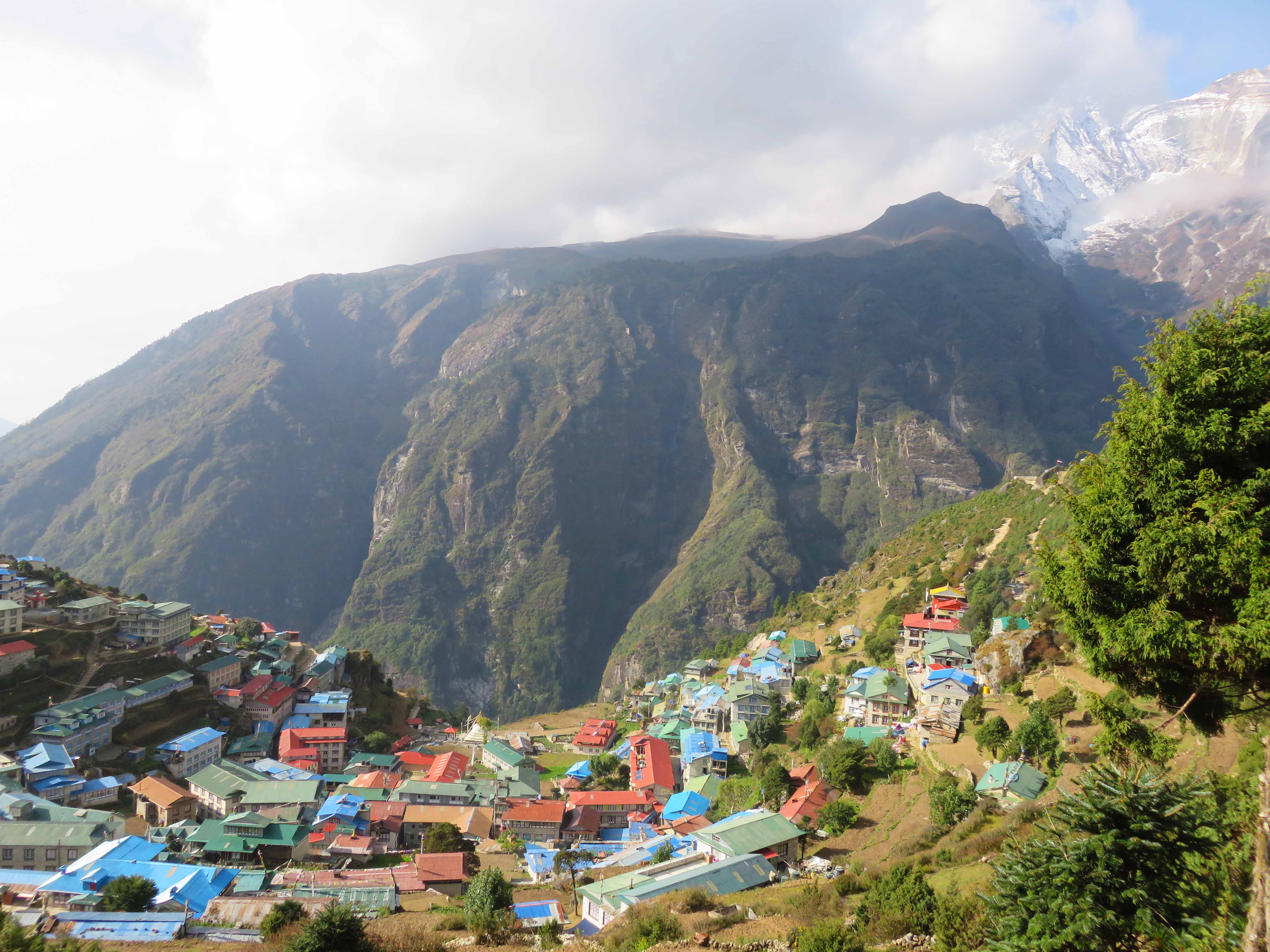 view of namche bazaar from a nearby hill
